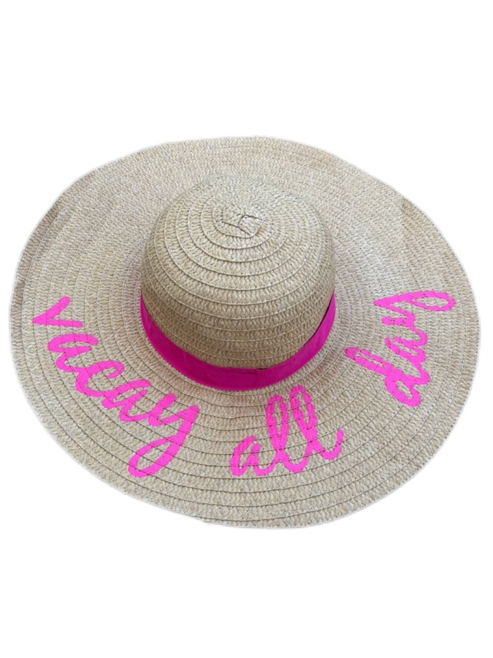 "Vacay All Day" Embroidered Straw Sun Hat Floppy Wide Brim Pink EUC